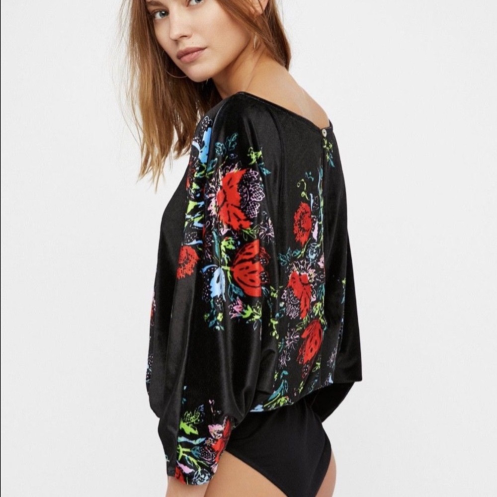 Free People black Velvet Floral Slouchy Bodysuit S